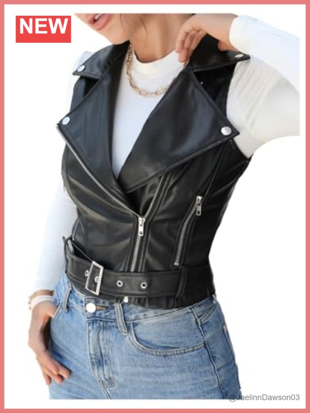 Faux Leather Zip Up Vest Belted Sleeveless Motorcycle Jacket